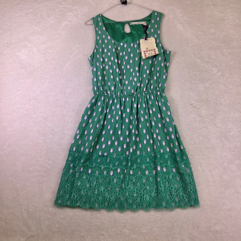 Chelsea & Violet Green Bird Print Lace Hem Sleeveless Dress NWT Size M